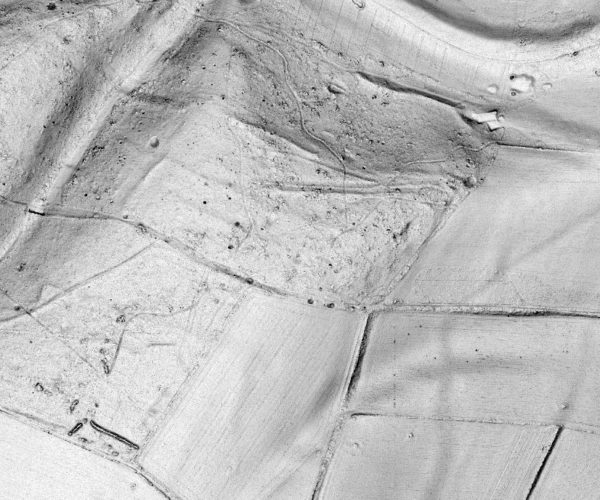 Black and white aerial photo of landscape