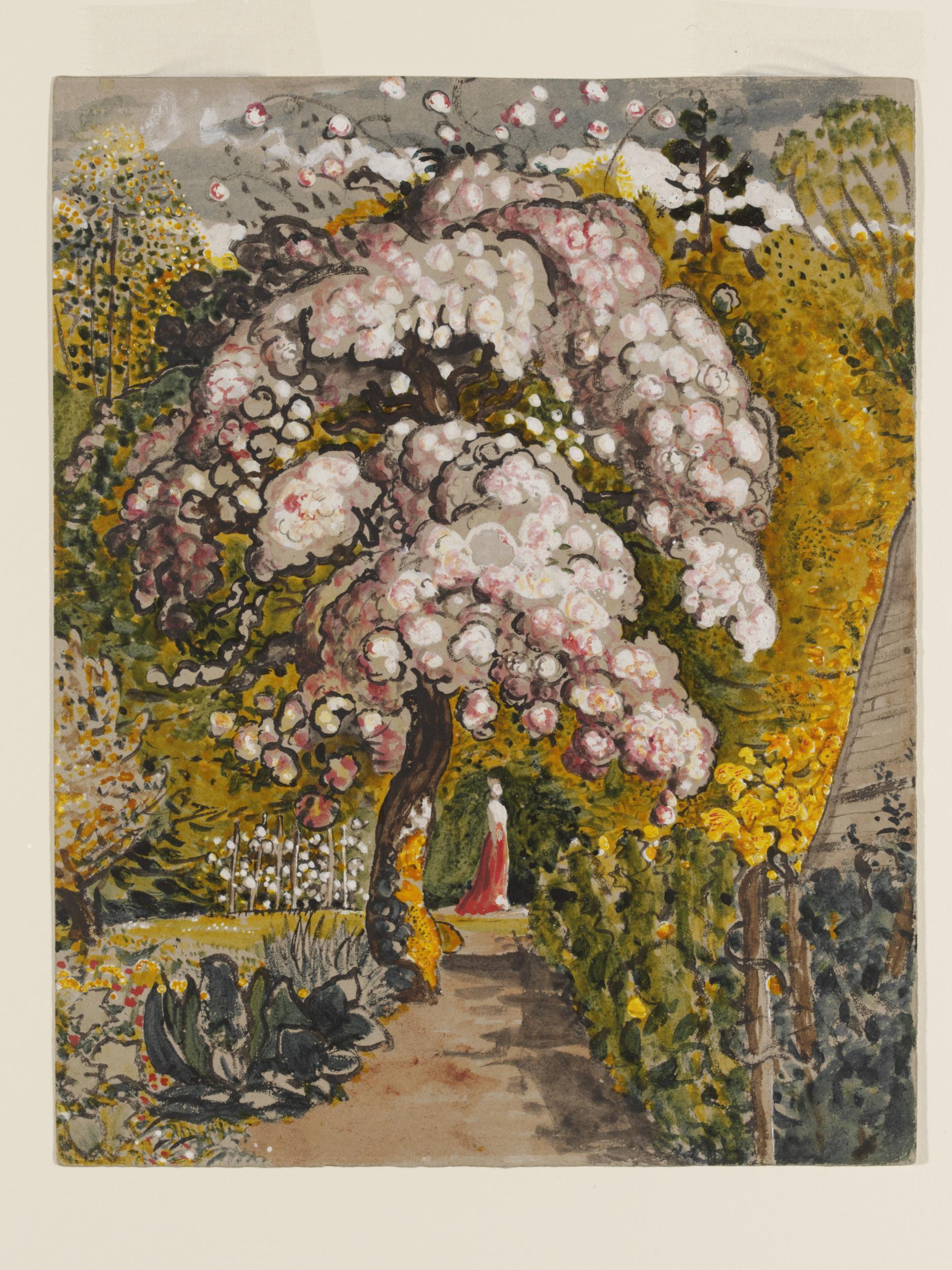 Painting of blossom on tree in garden with lady underneath