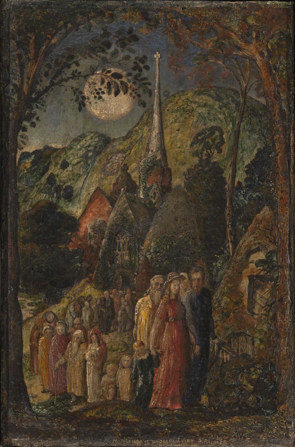 Painting of people walking from a church under a full moon