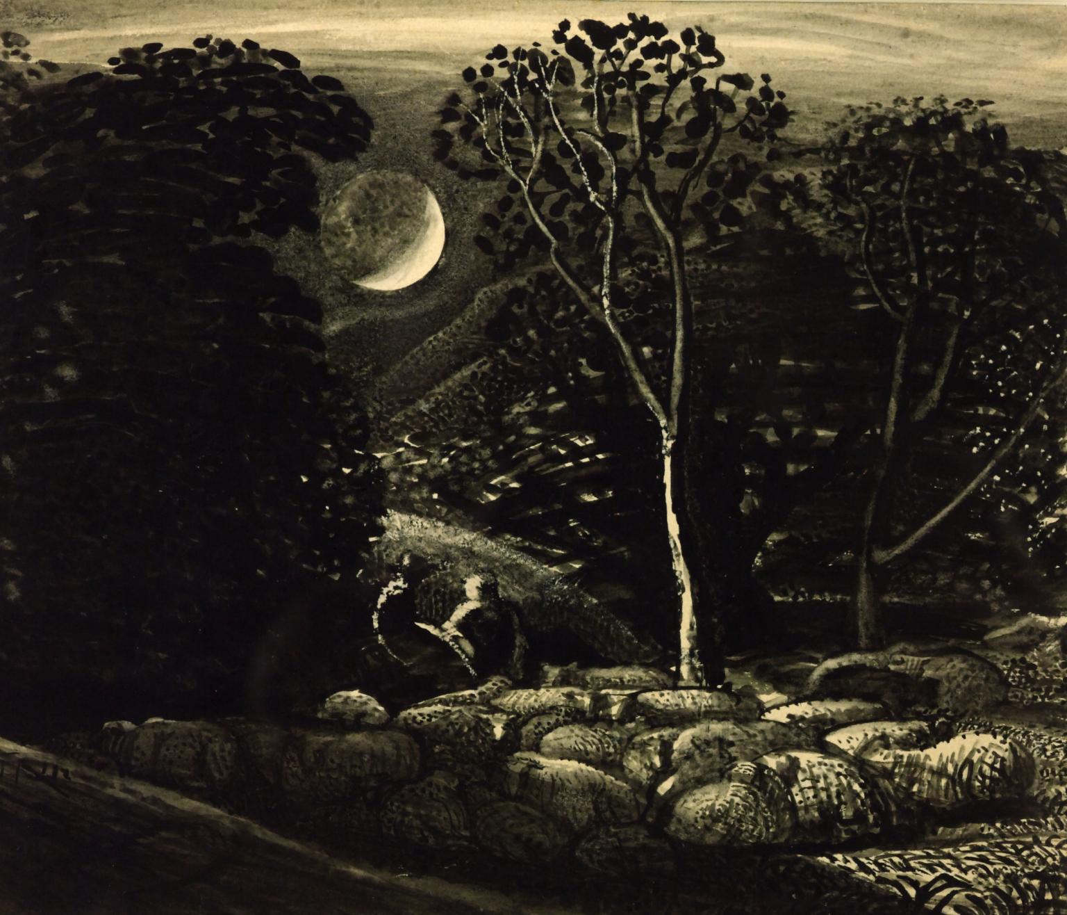 Black and white old painting at night with sheep under a crescent moon