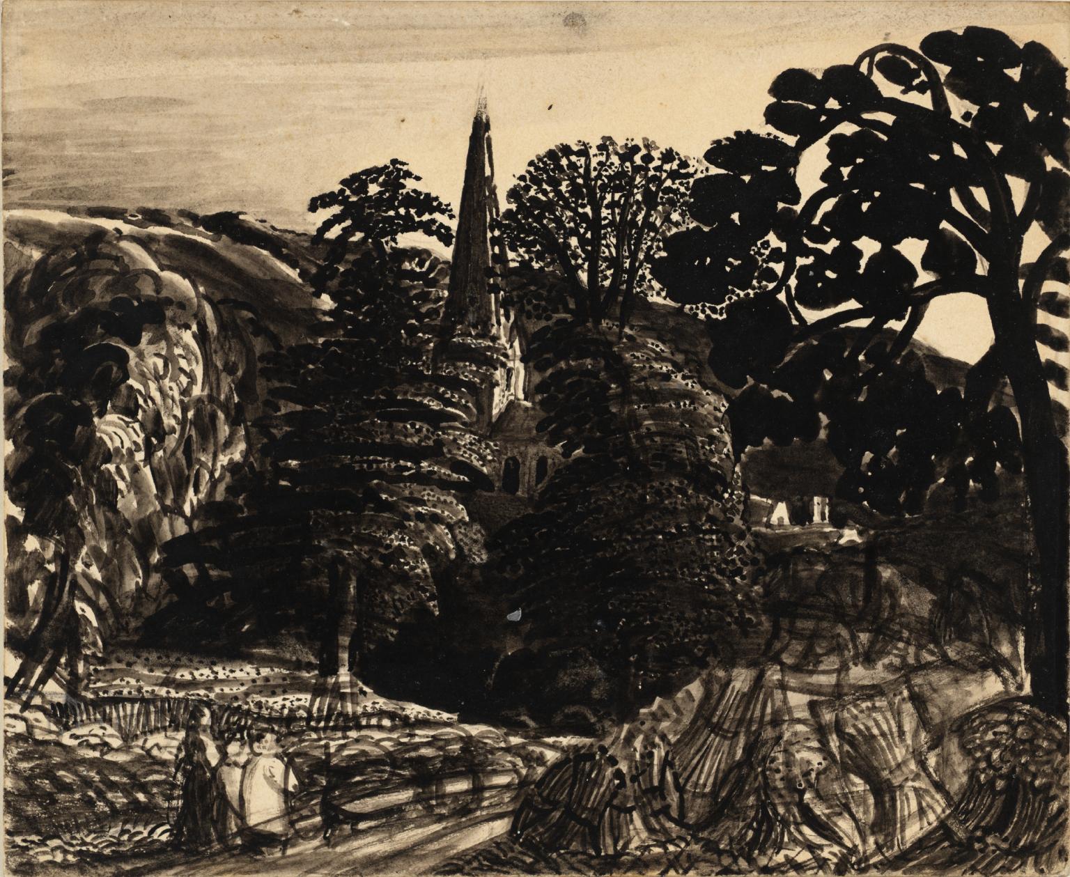 Black and white old painting with church spire in centre and trees surrounding it