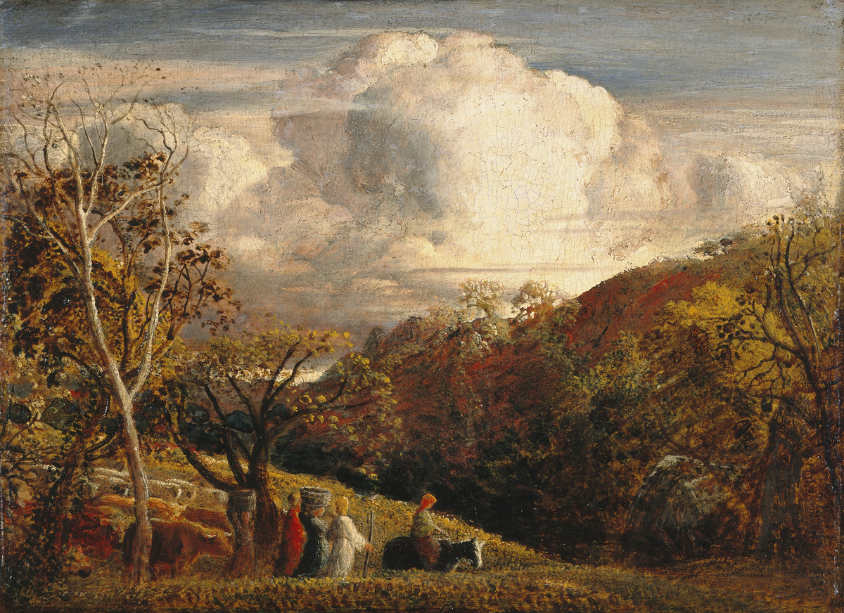 Old coloured painting with large cloud and farmers and farm animals below