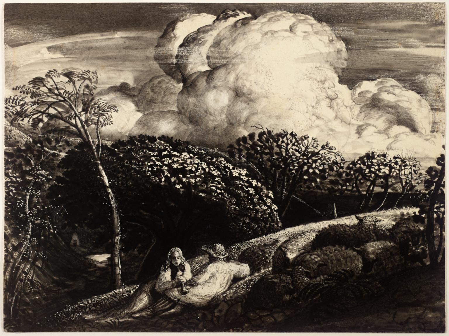 Old black and white sketch with two people lying on hill with large white cloud above