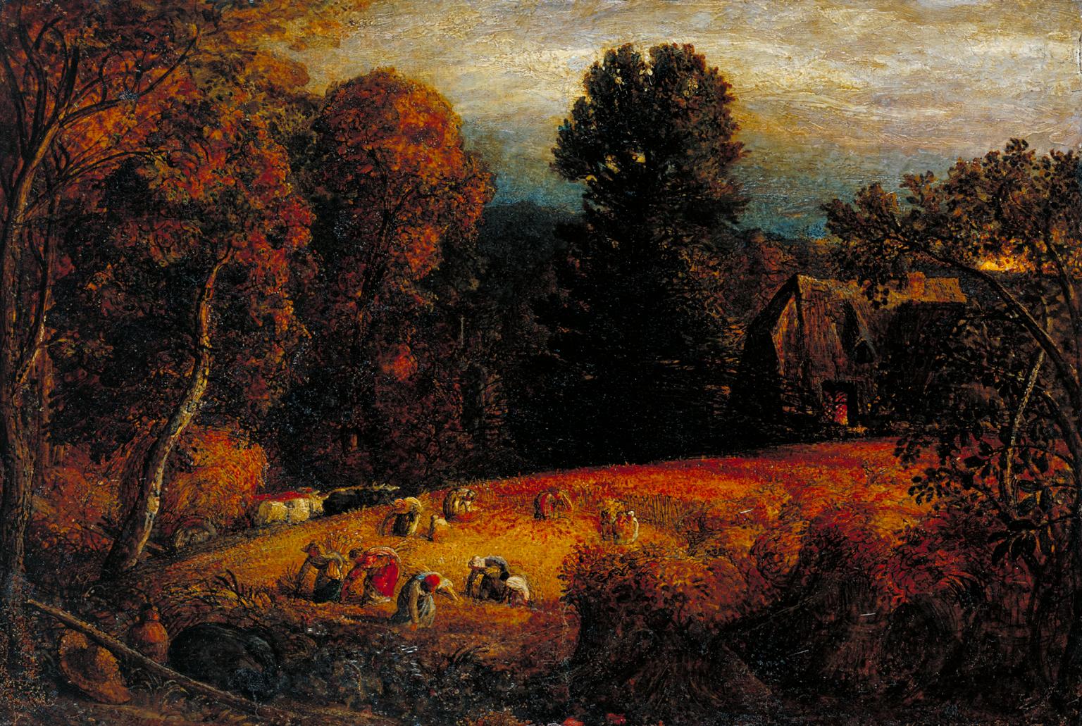 Old colourful painting with people picking crops in a field under trees