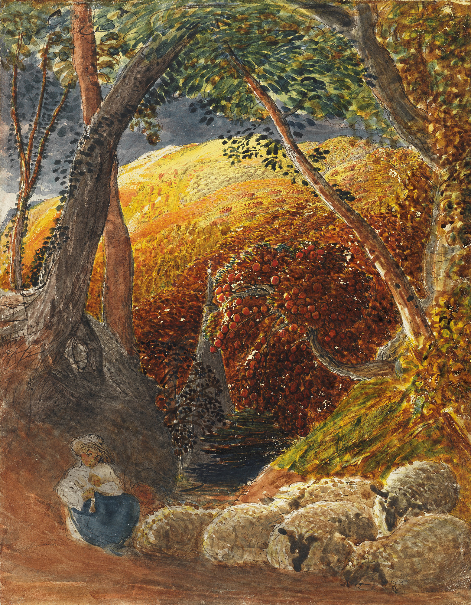 Colourful painting of abstract apple tree with person and sheep underneath