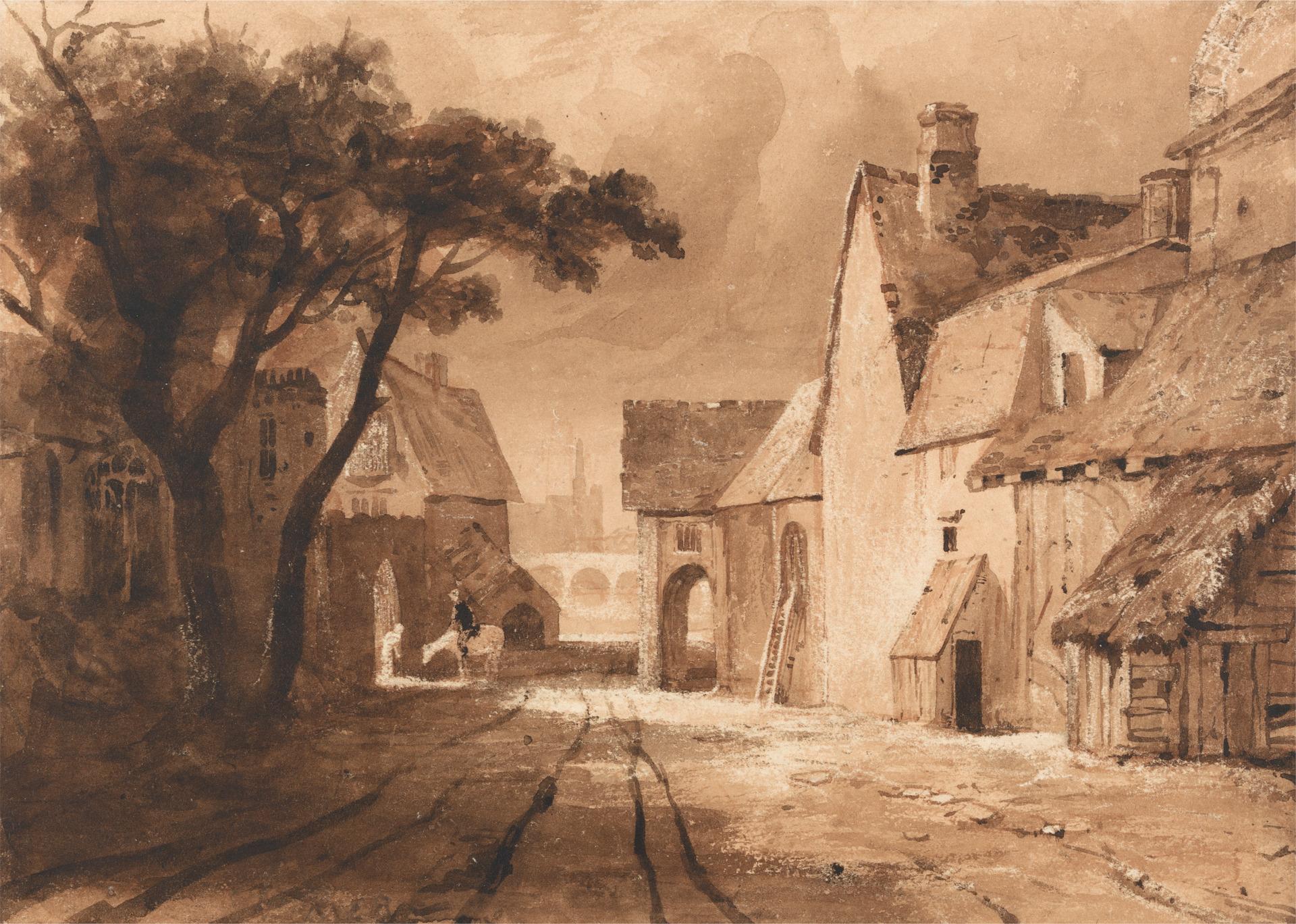 Sketch of old buildings with tree on left