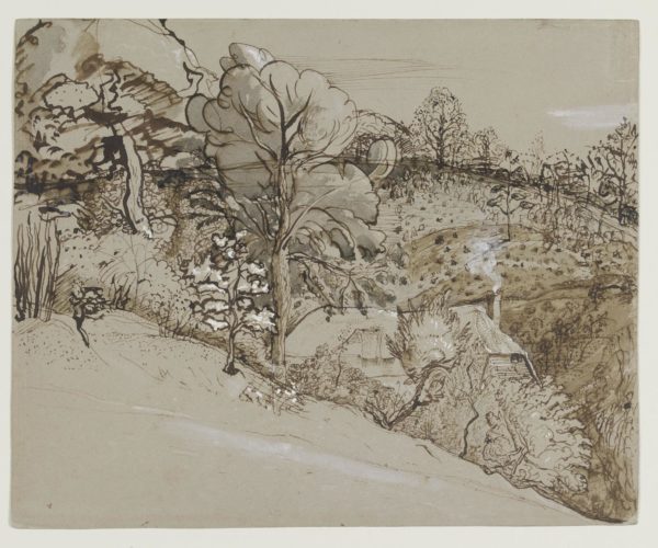 Grey sketch of hill with a house in the bottom of the valley