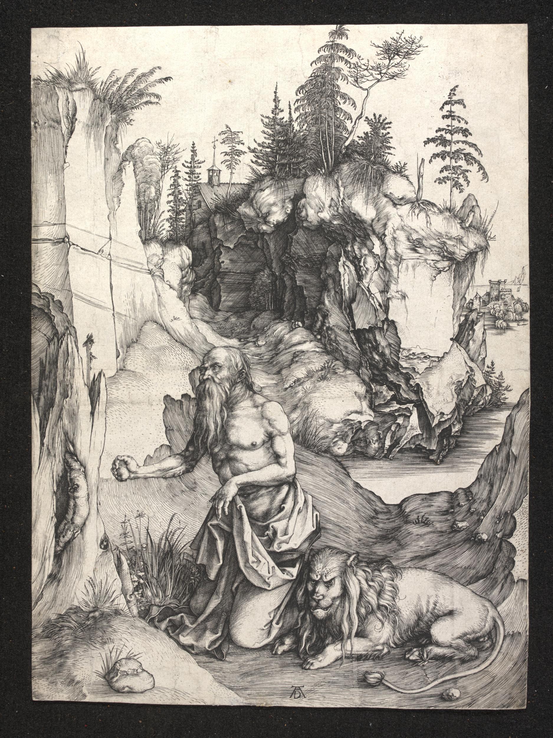 Old black and white sketch of old man and dog next to rocks